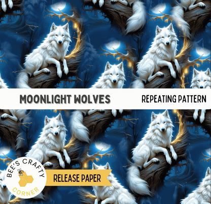 The image is a repeating pattern of white wolves sitting on tree branches against a dark blue background, with a full moon visible in the top left corner.