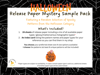 The image is a Halloween-themed release paper mystery sample pack featuring a random selection of spooky patterns from the Halloween category.