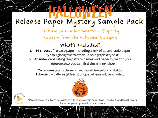 The image is a Halloween-themed release paper mystery sample pack featuring a random selection of spooky patterns from the Halloween category.
