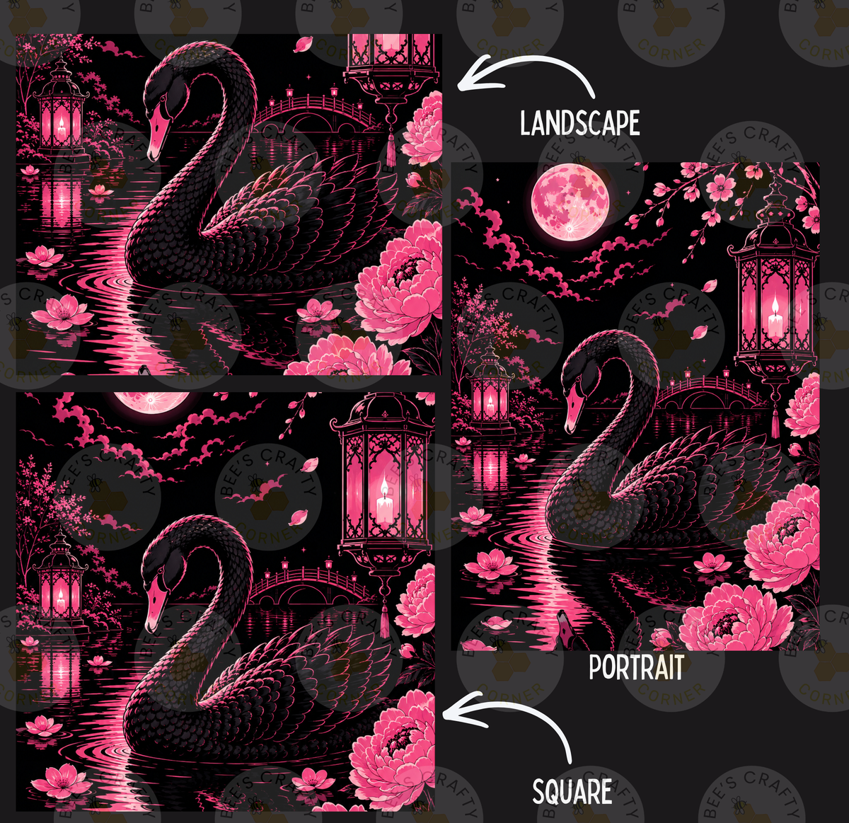 The image is a collage of three pictures depicting a black swan surrounded by pink flowers, lanterns, and a full moon. The first picture is a landscape, the second is a portrait, and the third is a square.