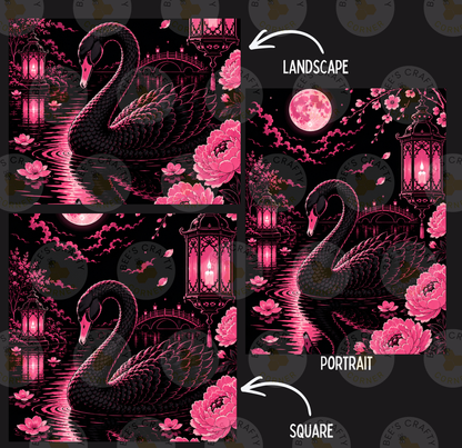 The image is a collage of three pictures depicting a black swan surrounded by pink flowers, lanterns, and a full moon. The first picture is a landscape, the second is a portrait, and the third is a square.