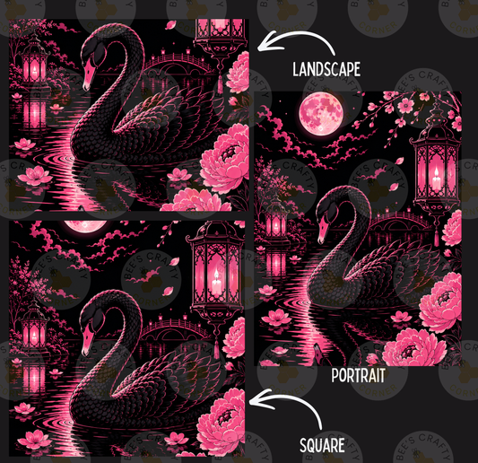 The image is a collage of three pictures depicting a black swan surrounded by pink flowers, lanterns, and a full moon. The first picture is a landscape, the second is a portrait, and the third is a square.