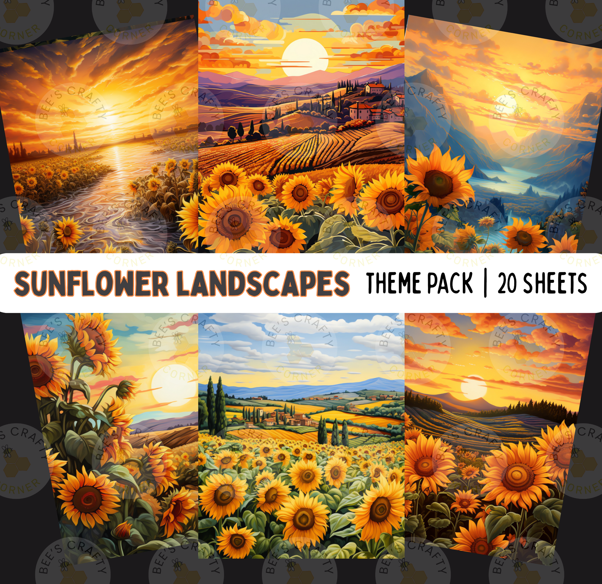 The image is a theme pack of 20 different sunflower landscapes, each depicting a unique scene with a variety of sunflowers and landscapes.