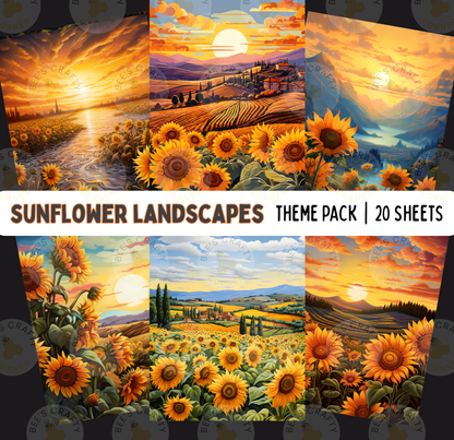 The image is a theme pack of 20 different sunflower landscapes, each depicting a unique scene with a variety of sunflowers and landscapes.