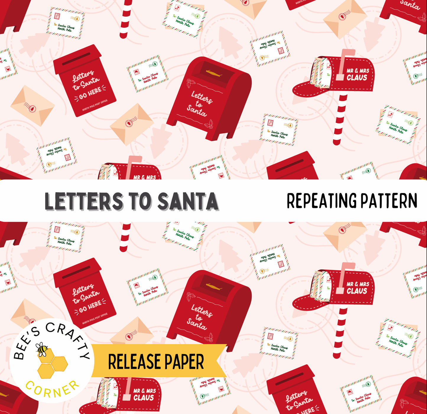 a repeating pattern of various Christmas-themed items, including letters, envelopes, and a Santa hat, all in a red color scheme.