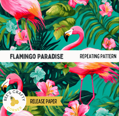 The image is a vibrant and colorful collage featuring a repeating pattern of pink flamingos, green palm leaves, and pink flowers against a teal background.