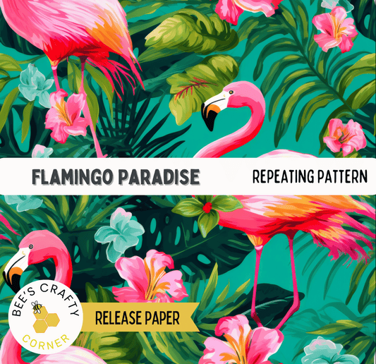 The image is a vibrant and colorful collage featuring a repeating pattern of pink flamingos, green palm leaves, and pink flowers against a teal background.