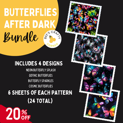 The image is an advertisement for a "Butterflies After Dark" bundle, which includes four designs of butterflies, six sheets of each pattern, and a 20% discount.