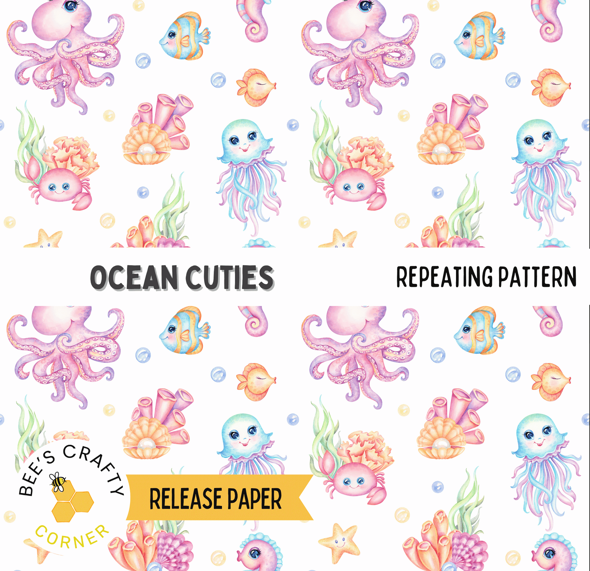 The image is a repeating pattern of various sea creatures, including octopuses, fish, and other marine life, against a white background.