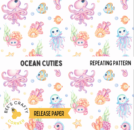 The image is a repeating pattern of various sea creatures, including octopuses, fish, and other marine life, against a white background.