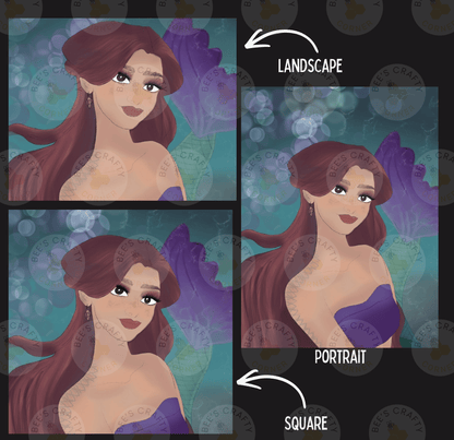 The image is a collage of three images depicting a woman with long brown hair wearing a purple dress. The first image shows the woman in profile, the second image shows her from the side, and the third image shows her from the front. The image is labeled "LANDSCAPE" and "PORTRAIT" to indicate the different artistic styles used in the collage.