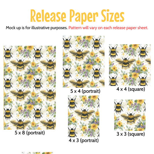 various paper sizes, including portrait and square sizes, with a repeating pattern of bees and flowers. The text indicates that the mock-up is for illustrative purposes and that the pattern will vary on each release paper sheet.