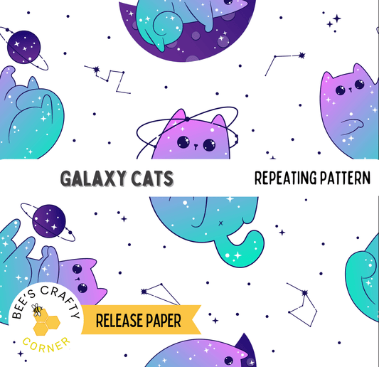 The image is a repeating pattern of cartoon cats in a space-themed design, with stars and planets scattered throughout the background.