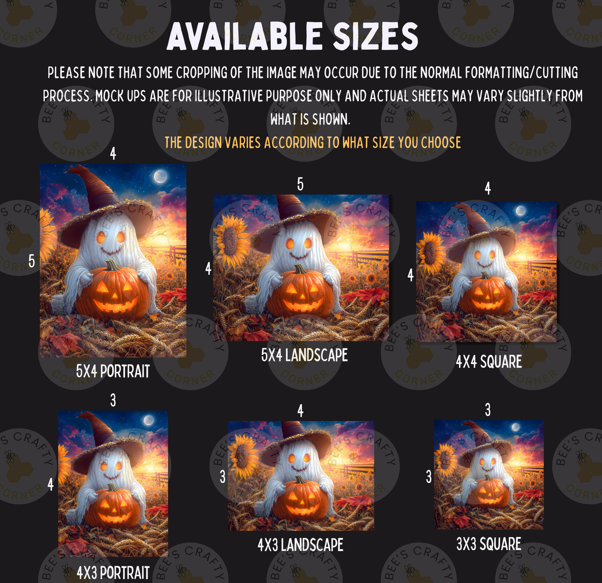 a collection of Halloween-themed images, including a ghost, a pumpkin, and a witch. The images are available in various sizes, ranging from 4x3 to 5x5, and are designed to fit different preferences and needs.
