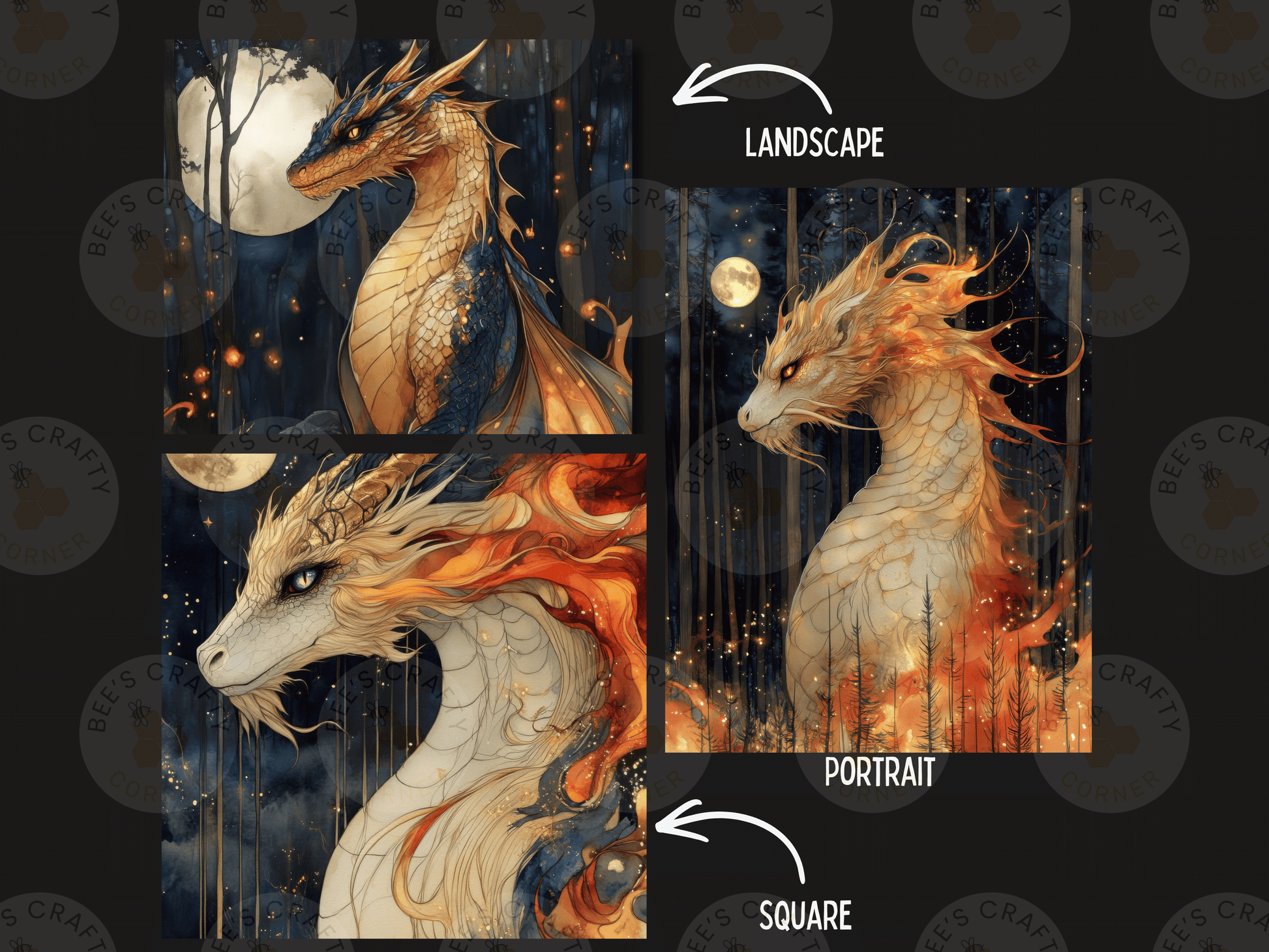 The image is a collage of three images depicting different artistic interpretations of a dragon. The first image shows a dragon with a full body, the second image features a close-up of the dragon's head, and the third image showcases a close-up of the dragon's neck. The collage includes labels indicating the different artistic interpretations, such as 'LANDSCAPE' and 'PORTRAIT'.