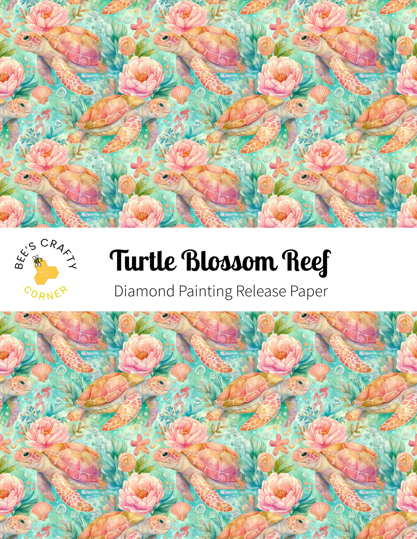 The image is a repeating pattern of colorful tropical flowers and sea creatures, including pink and orange flowers, green leaves, and orange and pink sea turtles, all set against a light blue background.
