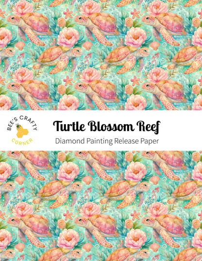 The image is a repeating pattern of colorful tropical flowers and sea creatures, including pink and orange flowers, green leaves, and orange and pink sea turtles, all set against a light blue background.