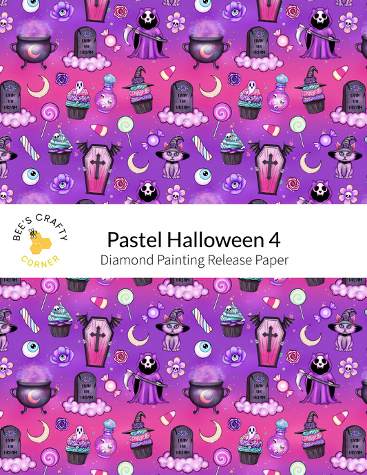 The image is a repeating pattern of Halloween-themed illustrations, including skulls, bats, tombstones, candy, and other spooky and festive elements. The pattern is predominantly purple and pink, with various shades of purple and pink, and the overall design has a whimsical and festive feel.