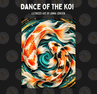 The image is a vibrant painting depicting two koi fish swimming in a swirling pattern, surrounded by a swirling background of blue, green, and yellow hues.