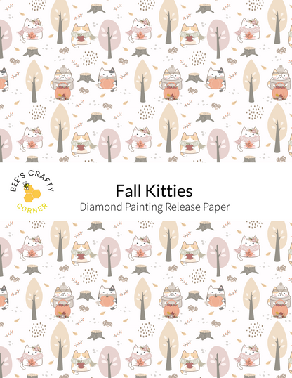 The image is a repeating pattern of various cartoon-style cats and trees, creating a whimsical and playful design.