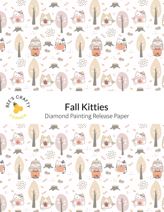 The image is a repeating pattern of various cartoon-style cats and trees, creating a whimsical and playful design.