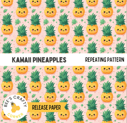 The image is a repeating pattern of kawaii pineapples on a pink background.