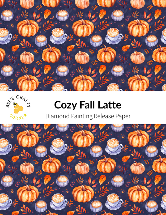 The image is a repeating pattern of orange pumpkins, coffee cups, and autumn leaves against a dark blue background.