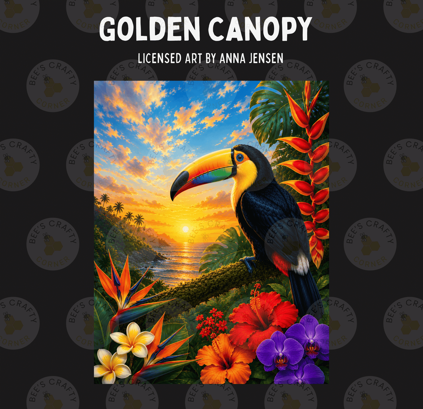 The image is a vibrant painting depicting a toucan perched on a branch, surrounded by tropical foliage and flowers, with a stunning sunset in the background.