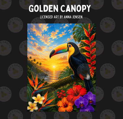 The image is a vibrant painting depicting a toucan perched on a branch, surrounded by tropical foliage and flowers, with a stunning sunset in the background.