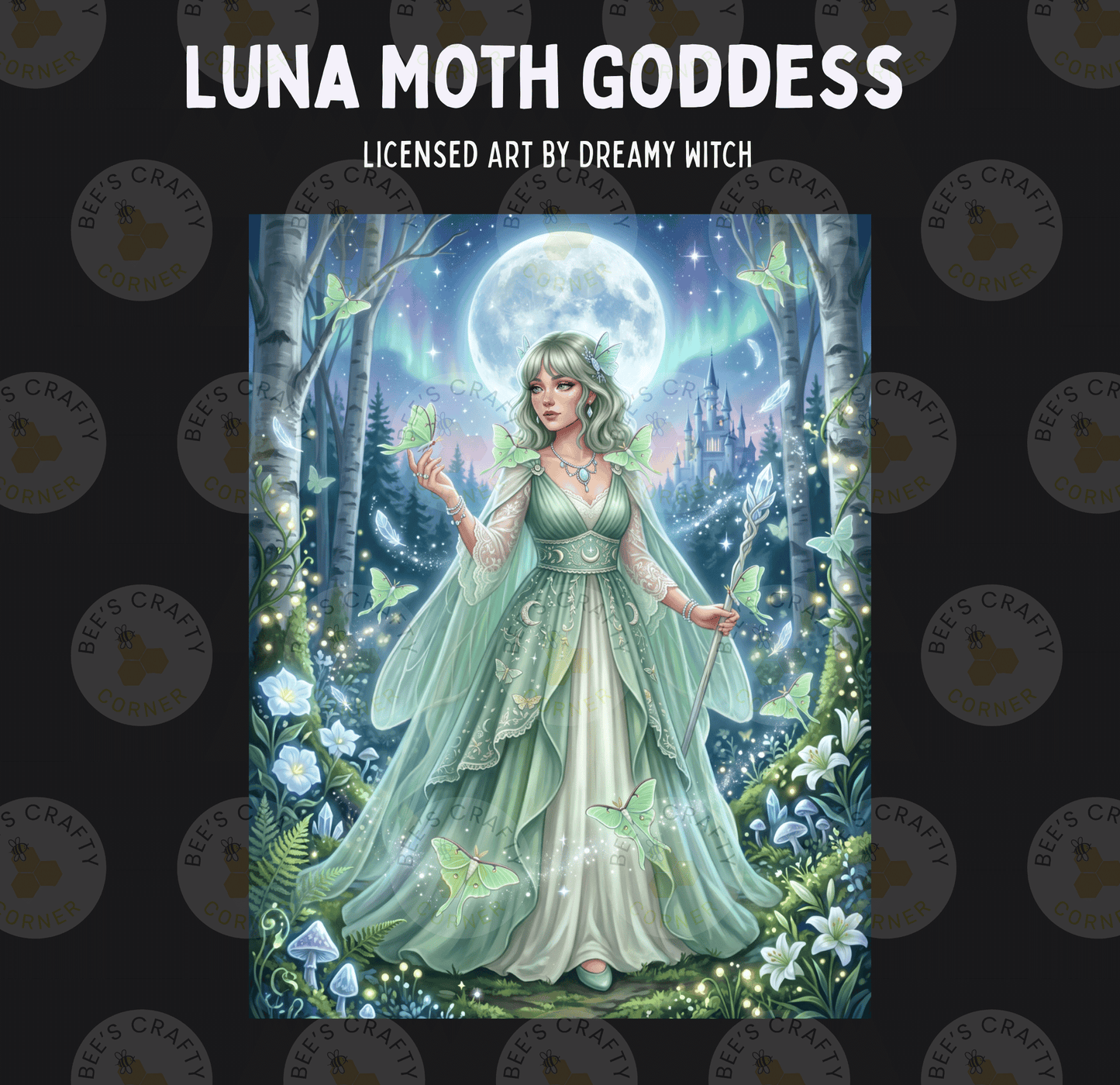 The image is a painting depicting a woman in a green dress surrounded by a forest with a full moon, butterflies, and flowers.