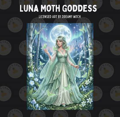The image is a painting depicting a woman in a green dress surrounded by a forest with a full moon, butterflies, and flowers.