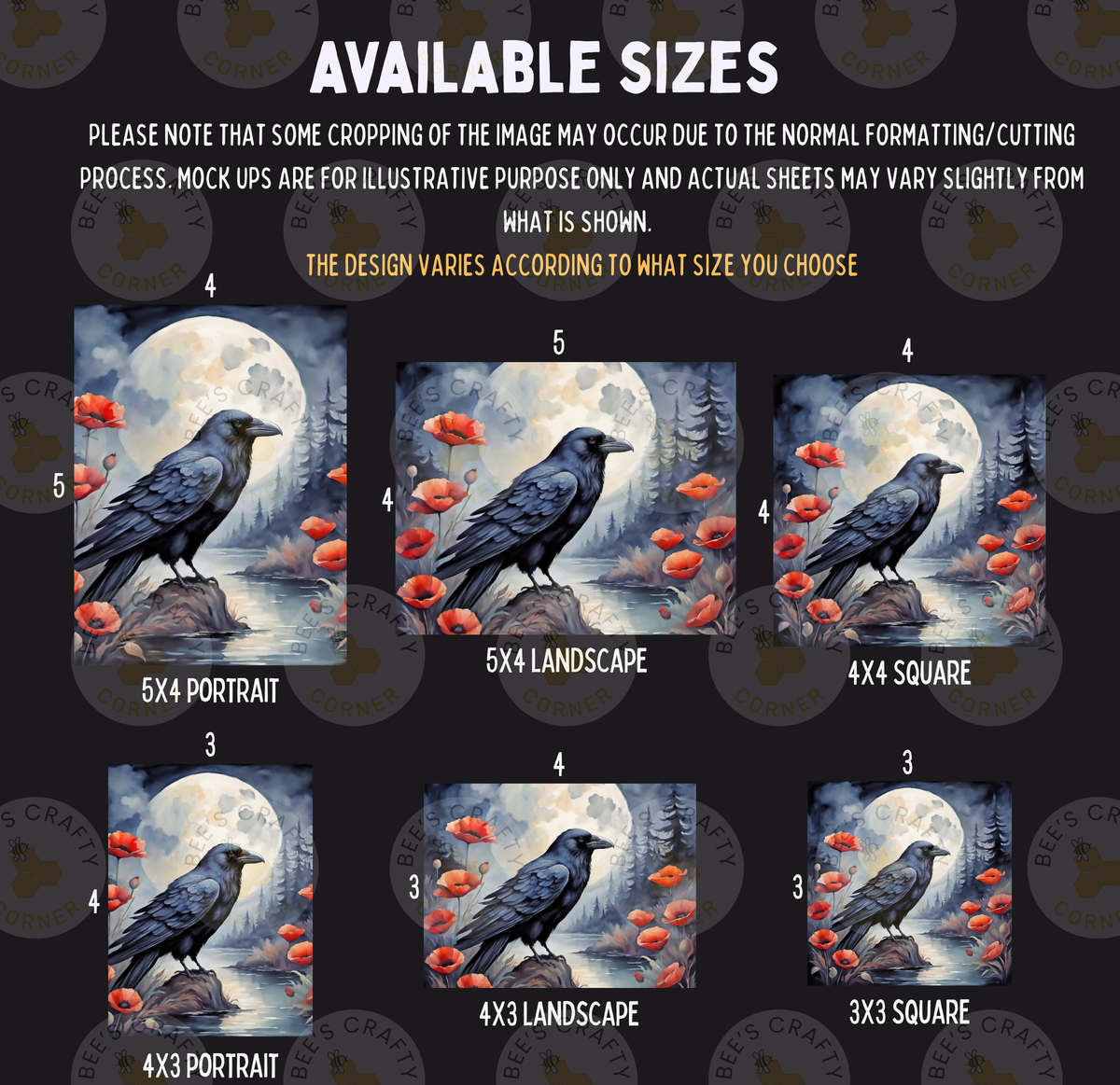 a collection of six different sizes of paintings or illustrations of a black crow against a backdrop of a full moon, red poppies, and a forest. The sizes range from 5x4 to 3x3, and the images are arranged in a grid format.