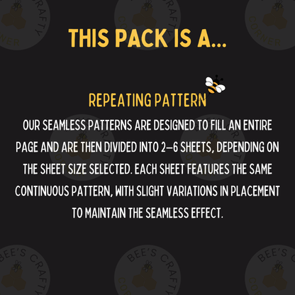 The image is a text-based collage with a repeating pattern of text and a bee graphic. The text is designed to fill an entire page and is divided into 2-6 sheets, depending on the sheet size selected. Each sheet features the same continuous pattern, with slight variations in placement to maintain the seamless effect.