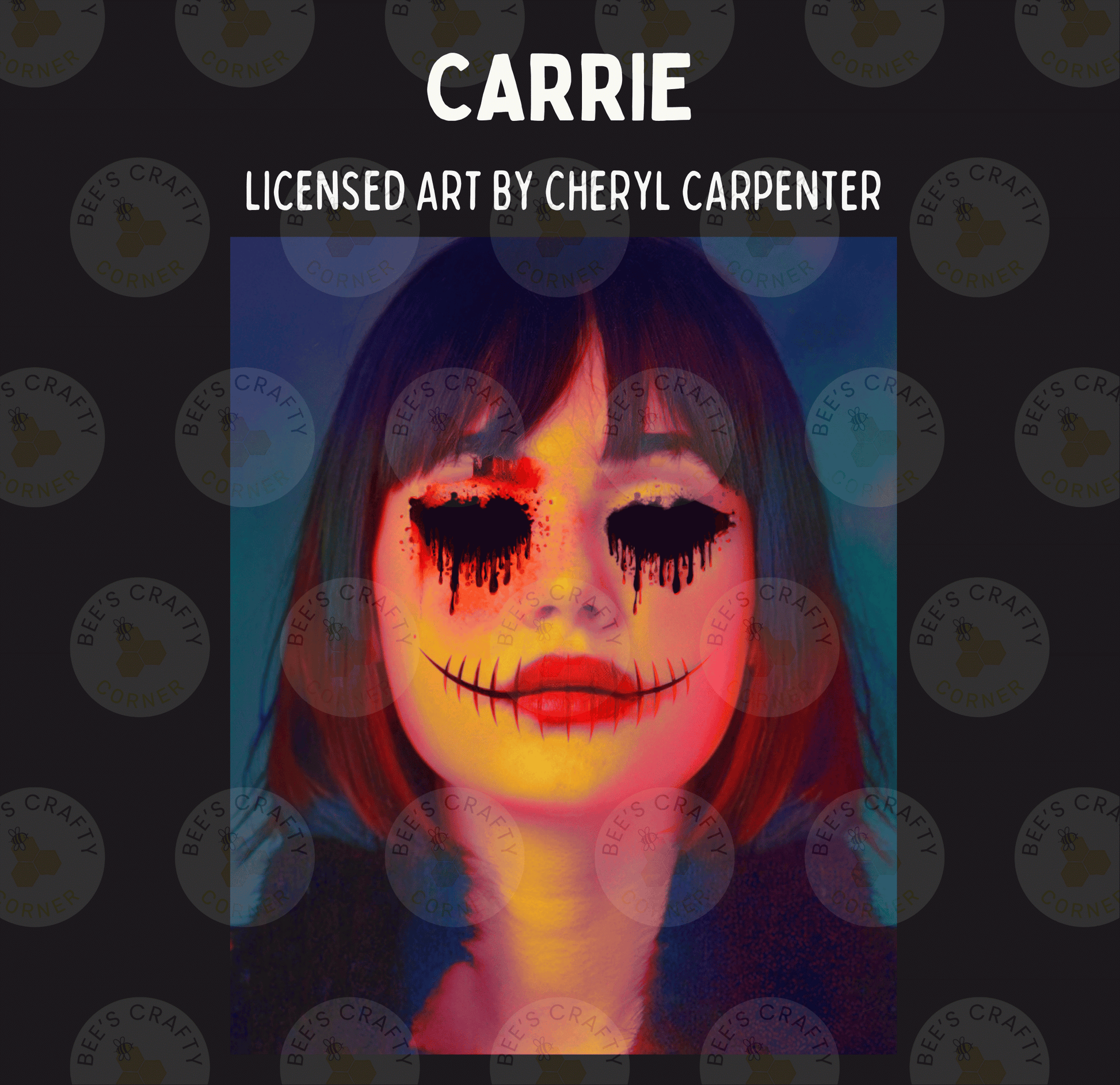 The image is a close-up of a person's face with dramatic makeup and a creepy expression, featuring a red liquid dripping down their face.