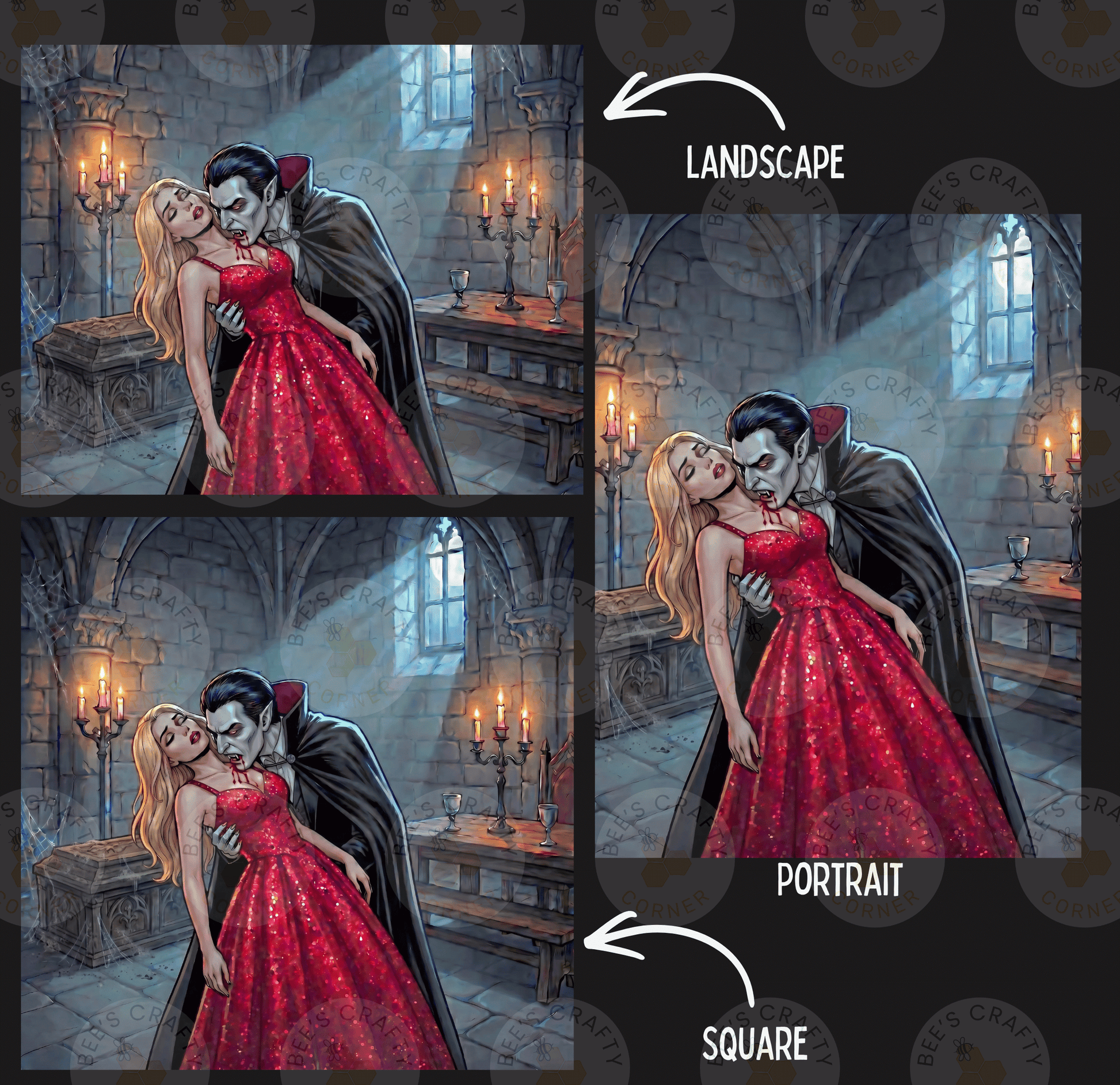 The image is a collage of three images depicting a vampire couple in a romantic embrace in a castle-like setting. The first image shows the vampire kissing the woman's forehead, the second image shows the woman wearing a red dress, and the third image shows the man in a cape holding the woman. The image is labeled as a landscape, portrait, and square, indicating the different perspectives of the scene.