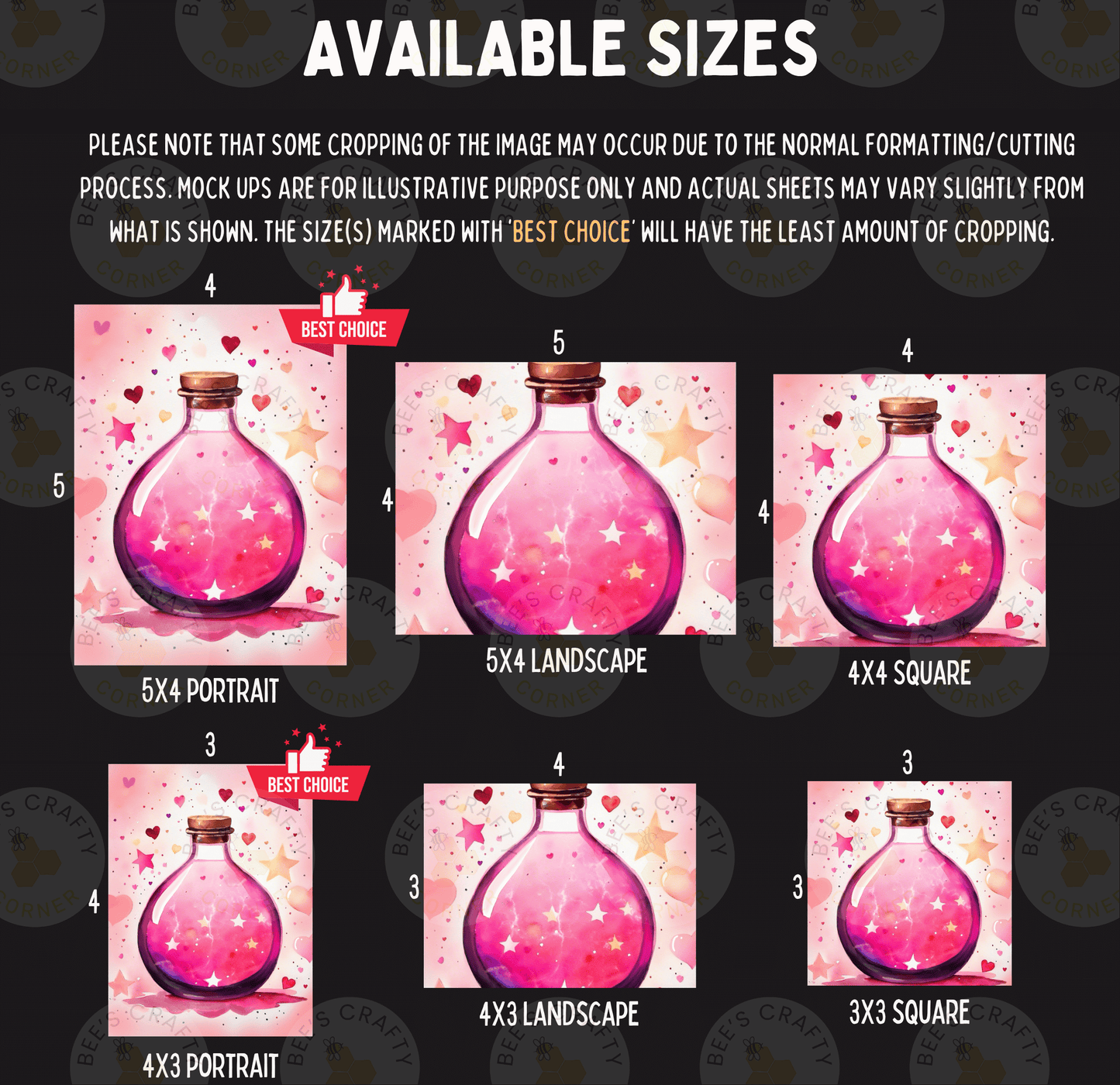 a collection of images featuring a pink glass bottle with a starry background, each with a different size indicated in the text.