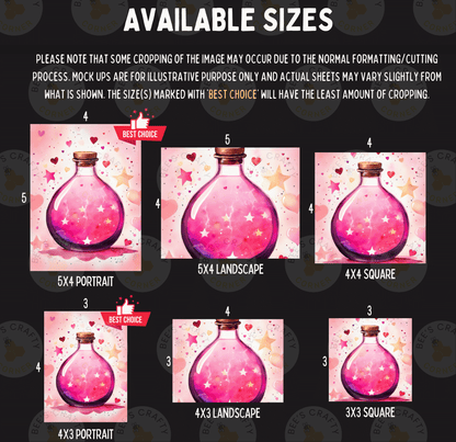 a collection of images featuring a pink glass bottle with a starry background, each with a different size indicated in the text.