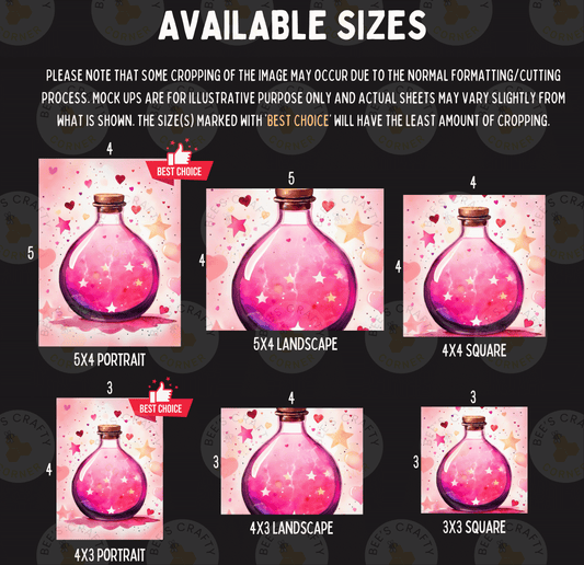 a collection of images featuring a pink glass bottle with a starry background, each with a different size indicated in the text.