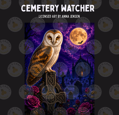 The image is a painting depicting a large owl perched on a stone cross, with a full moon and a spooky graveyard scene in the background.