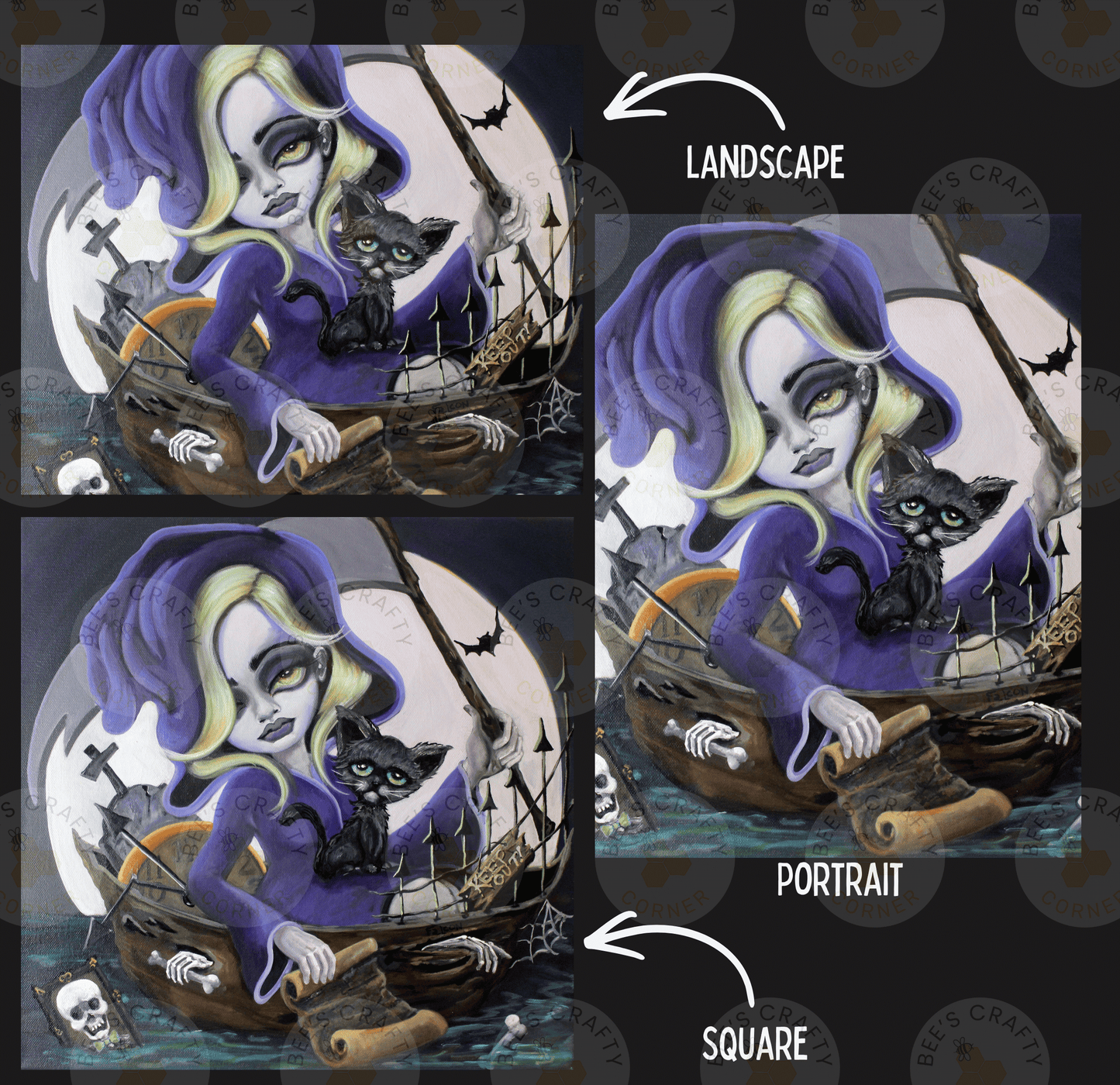 The image is a collage of three images depicting a woman in a witch's hat and a cat, with the woman holding a bat and the cat sitting on her shoulder. The images are labeled as a landscape, portrait, and square, and the text indicates that the image is a portrait of the woman and cat.