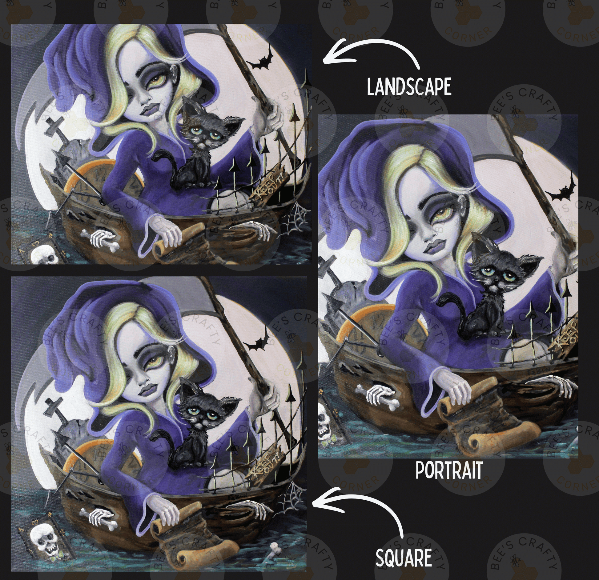The image is a collage of three images depicting a woman in a witch's hat and a cat, with the woman holding a bat and the cat sitting on her shoulder. The images are labeled as a landscape, portrait, and square, and the text indicates that the image is a portrait of the woman and cat.