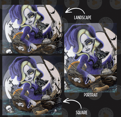 The image is a collage of three images depicting a woman in a witch's hat and a cat, with the woman holding a bat and the cat sitting on her shoulder. The images are labeled as a landscape, portrait, and square, and the text indicates that the image is a portrait of the woman and cat.