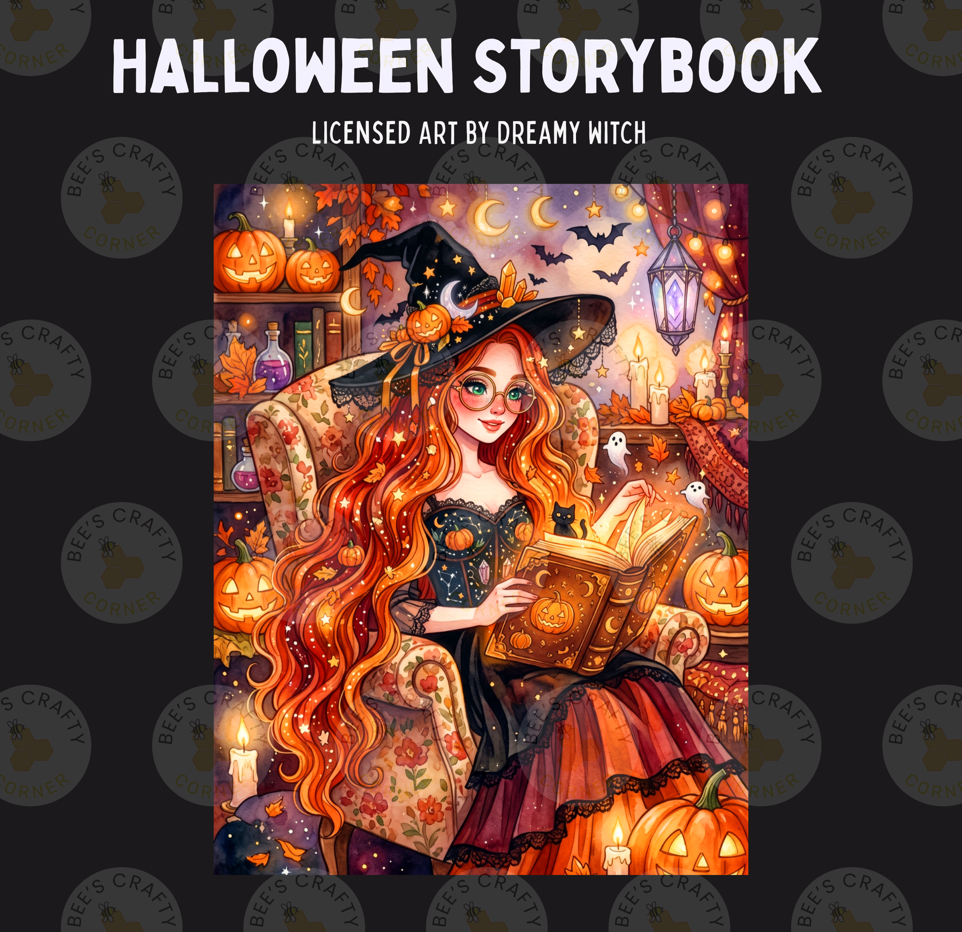 The image is a Halloween-themed illustration featuring a young woman with long, flowing red hair dressed as a witch, holding a book and surrounded by pumpkins, bats, and other Halloween decorations.