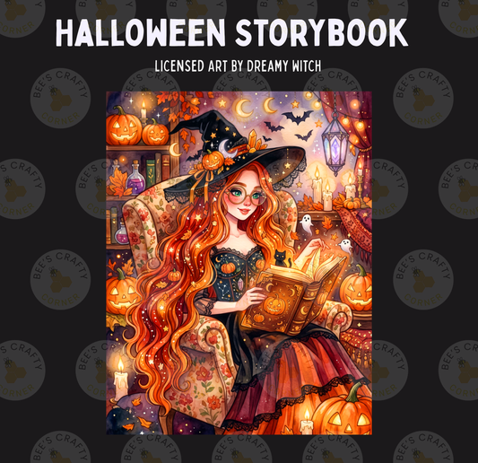 The image is a Halloween-themed illustration featuring a young woman with long, flowing red hair dressed as a witch, holding a book and surrounded by pumpkins, bats, and other Halloween decorations.