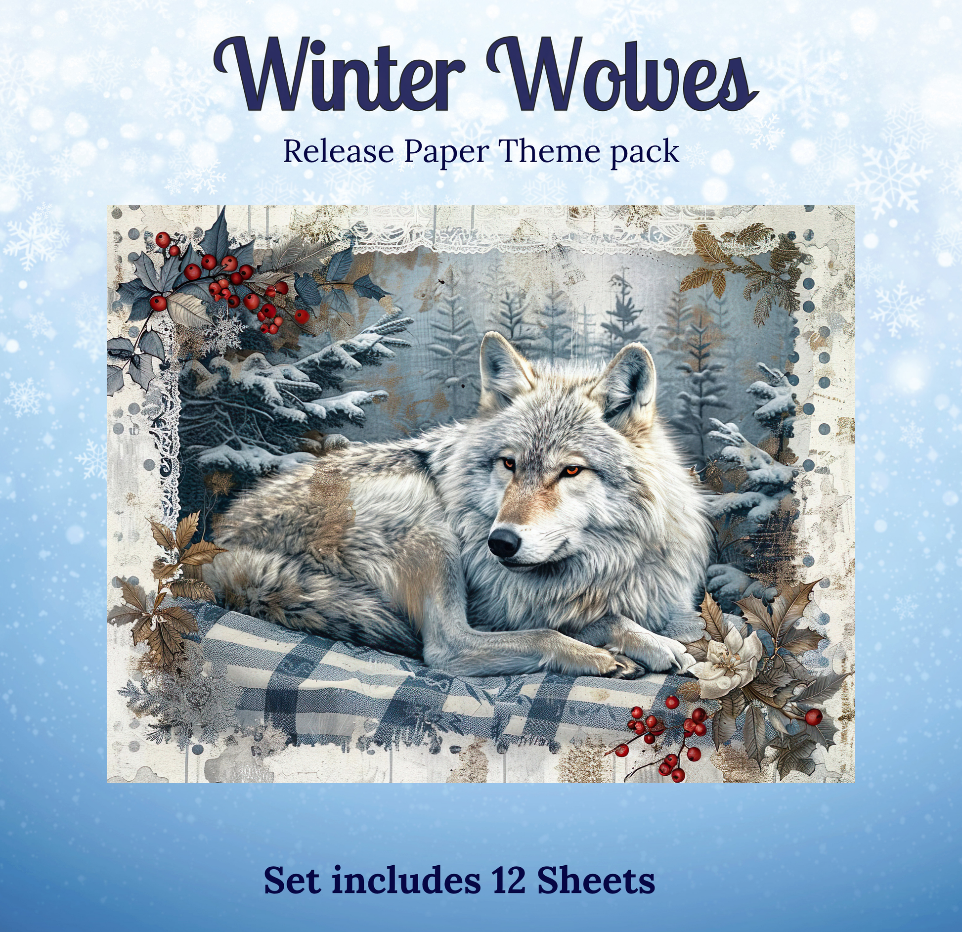 A winter scene featuring a wolf resting on a blanket, surrounded by snow-covered trees and berries.