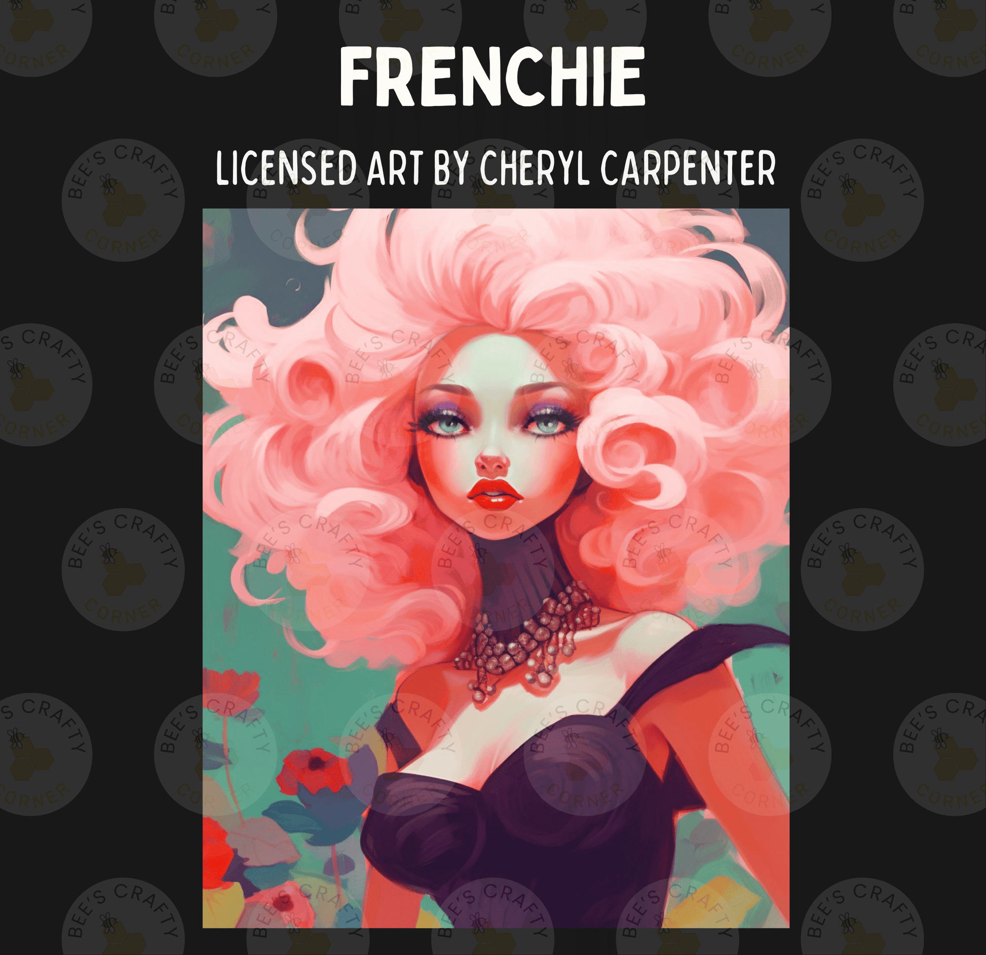 The image is a digital illustration featuring a woman with long, curly pink hair and a black dress.