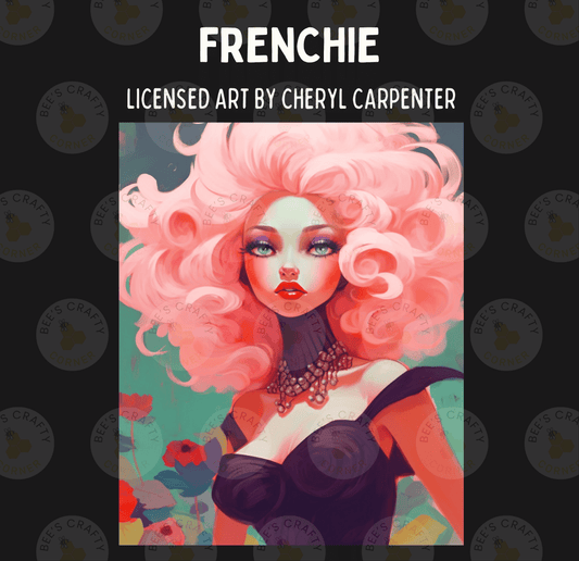 The image is a digital illustration featuring a woman with long, curly pink hair and a black dress.