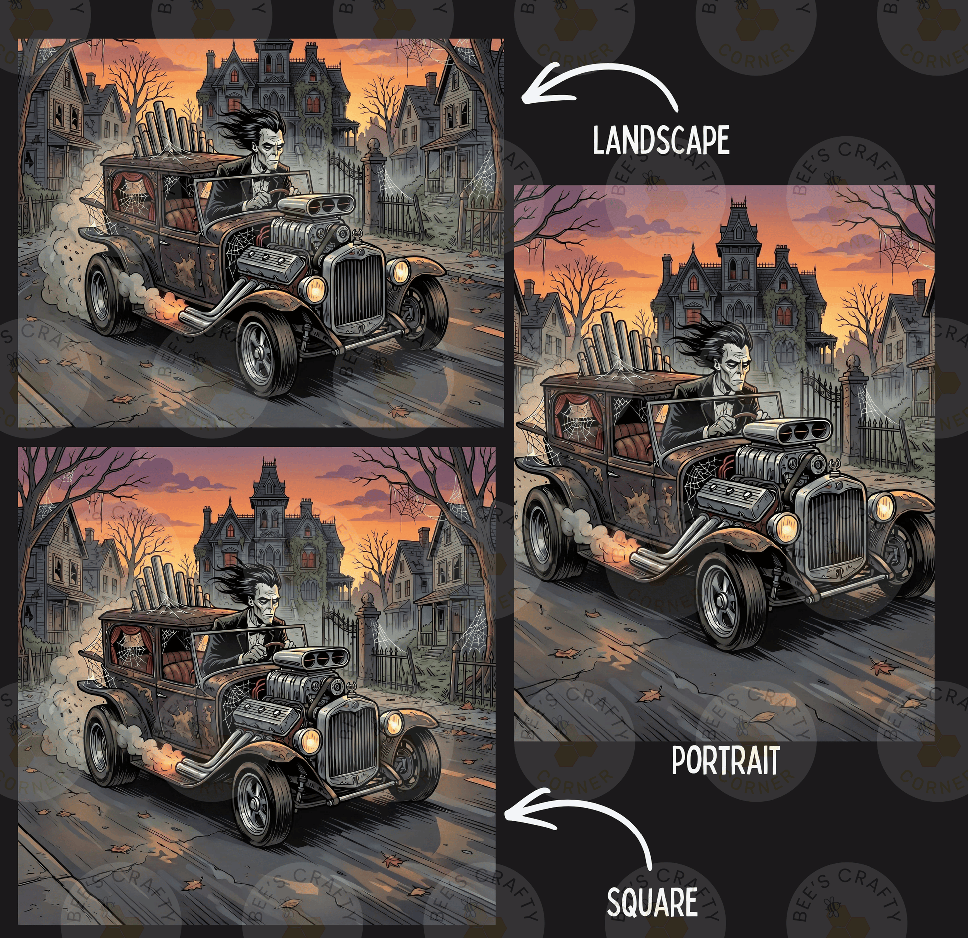 The image is a collage of three images depicting a vintage car with a skull-like figure in the driver's seat, set against a spooky, gothic-style background.