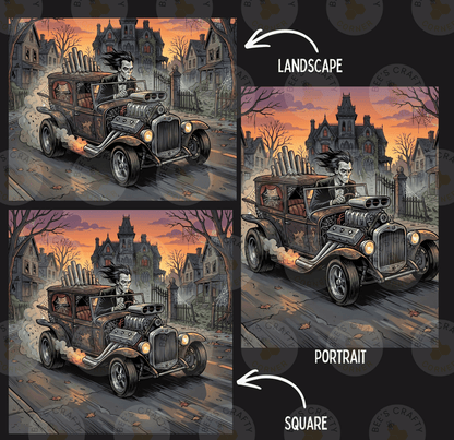 The image is a collage of three images depicting a vintage car with a skull-like figure in the driver's seat, set against a spooky, gothic-style background.