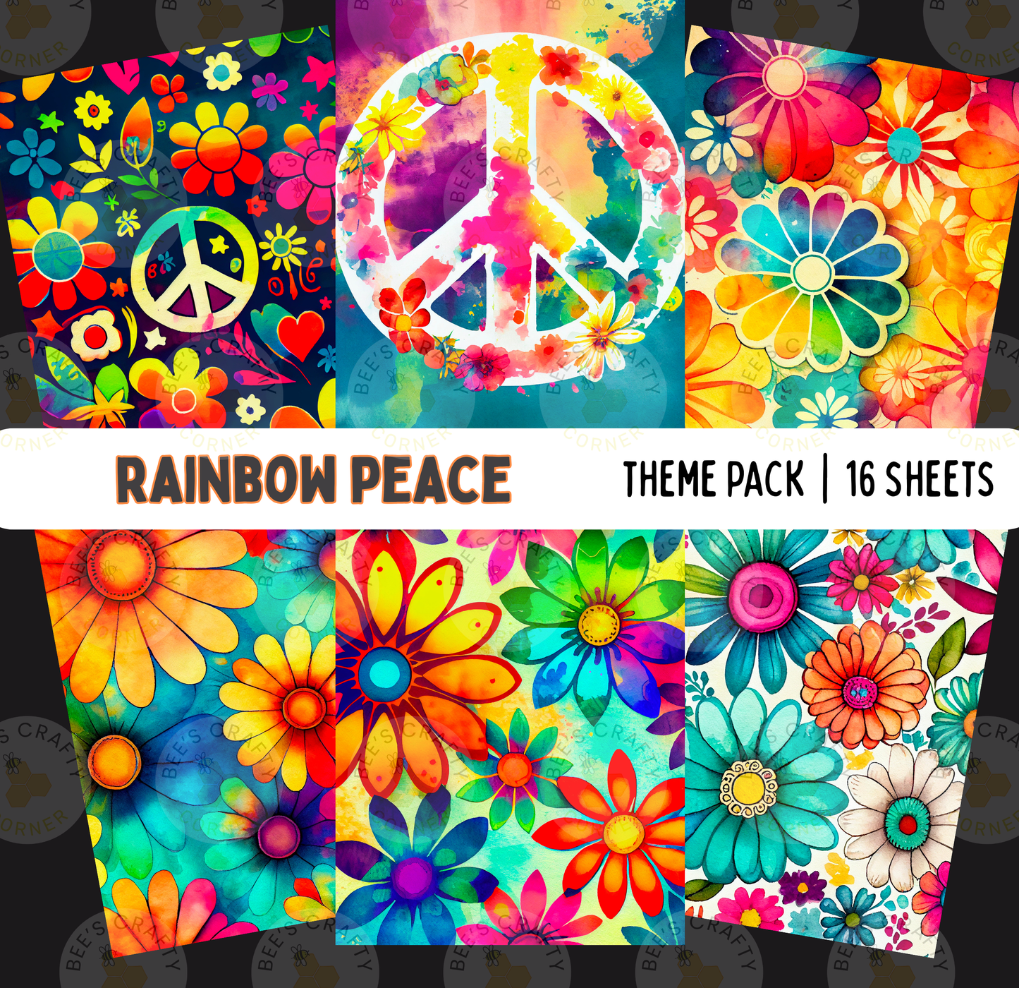 The image is a theme pack containing 16 colorful and vibrant flower-themed backgrounds, including a peace sign, flowers, and abstract patterns.